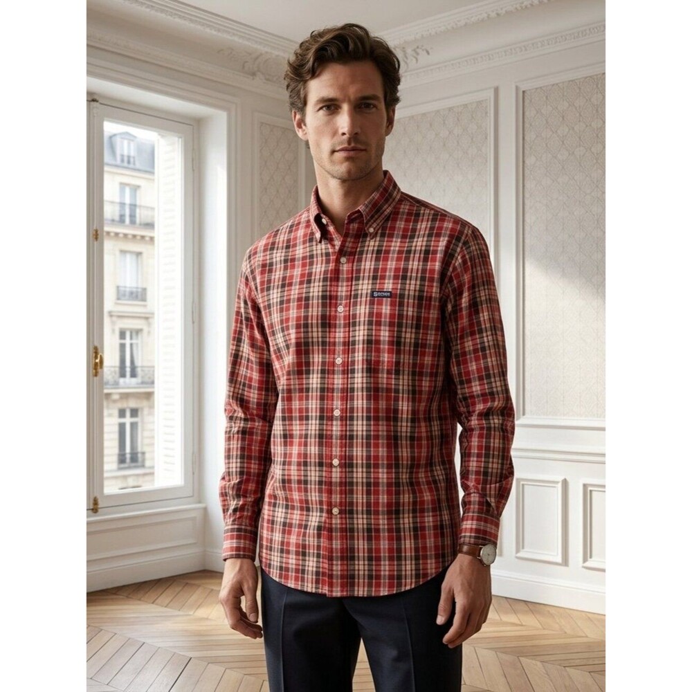 Chaps Men's Red Brown & Cream Plaid Button Down Shirt size Medium